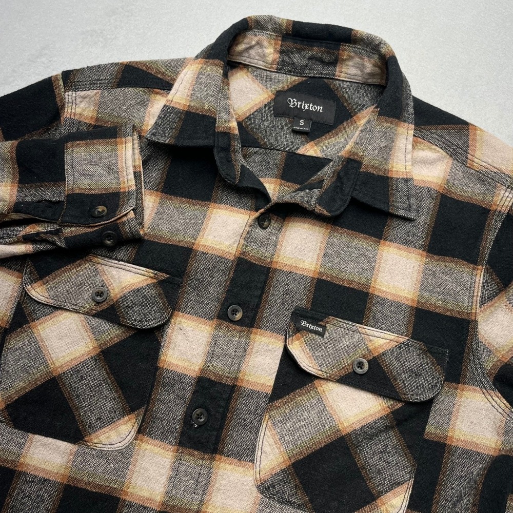 Brixton Plaid Flannel Shirt Long Sleeve Button Up‎ Top Men's Size S Black Tan